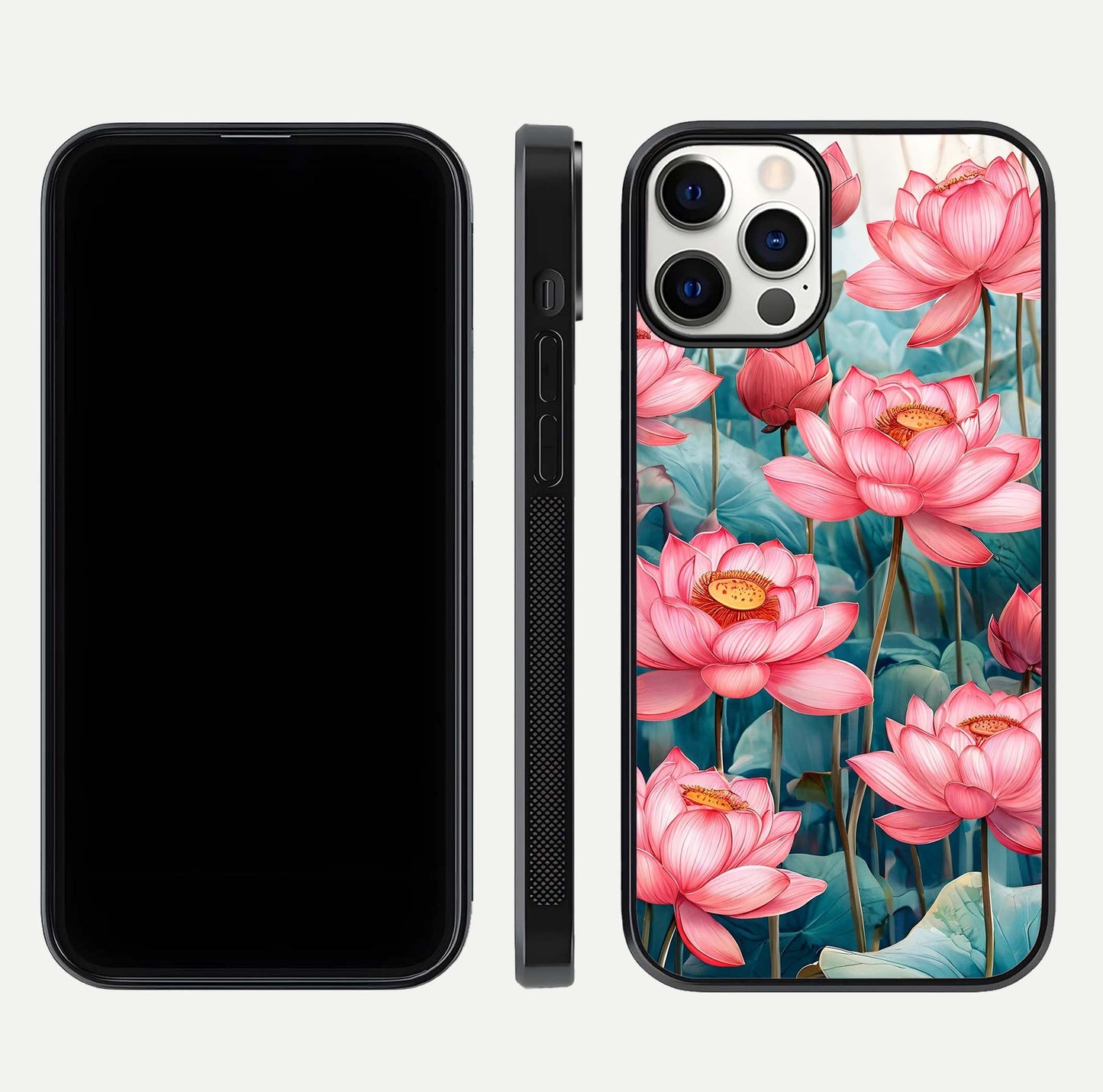Celestial Pink Lotus Glass Case for iPhone 12 Pro dual-view layout showing floral center and smooth edges