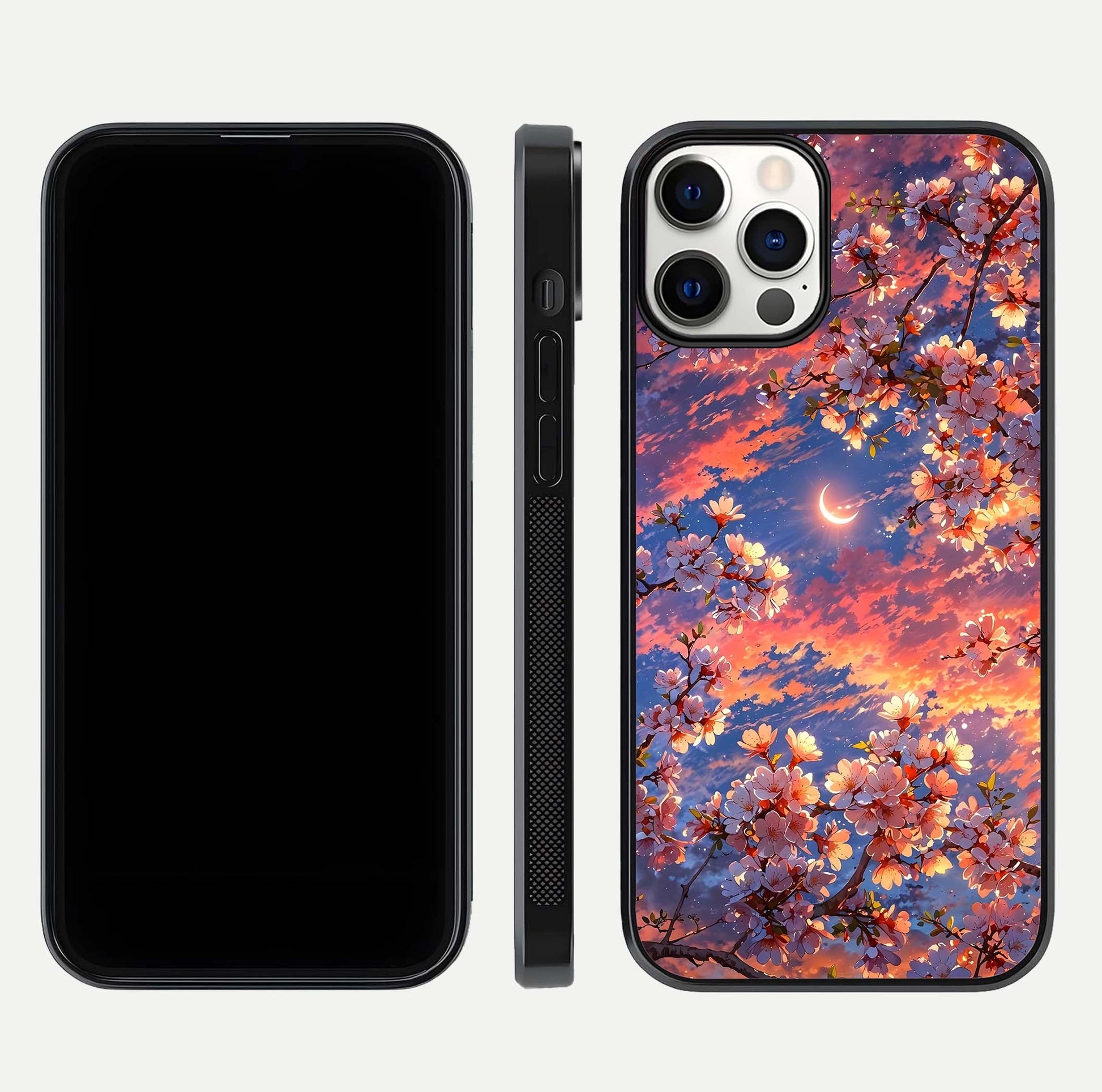 Celestial Sakura Sunset Glass Case for iPhone 12 Pro dual-view layout showing floral gradient and reflection polish