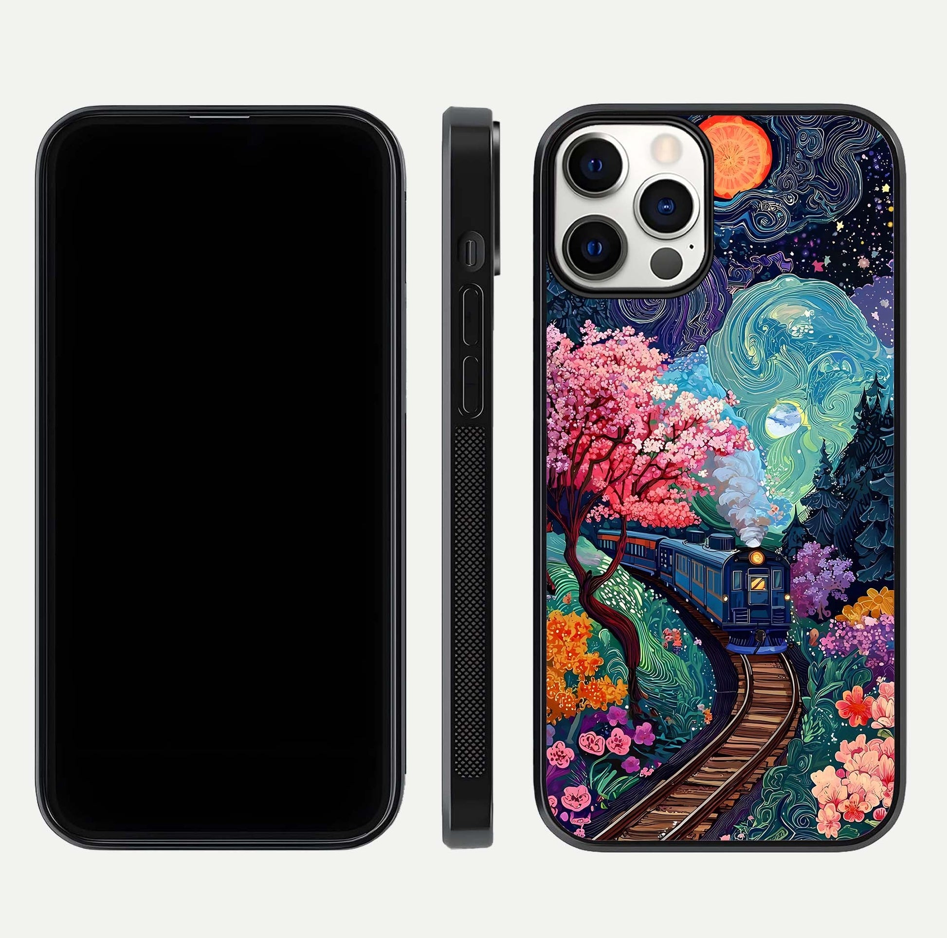Celestial Train Journey Glass Case for iPhone 12 Pro dual-view layout showing cosmic art balance and curved glass edges