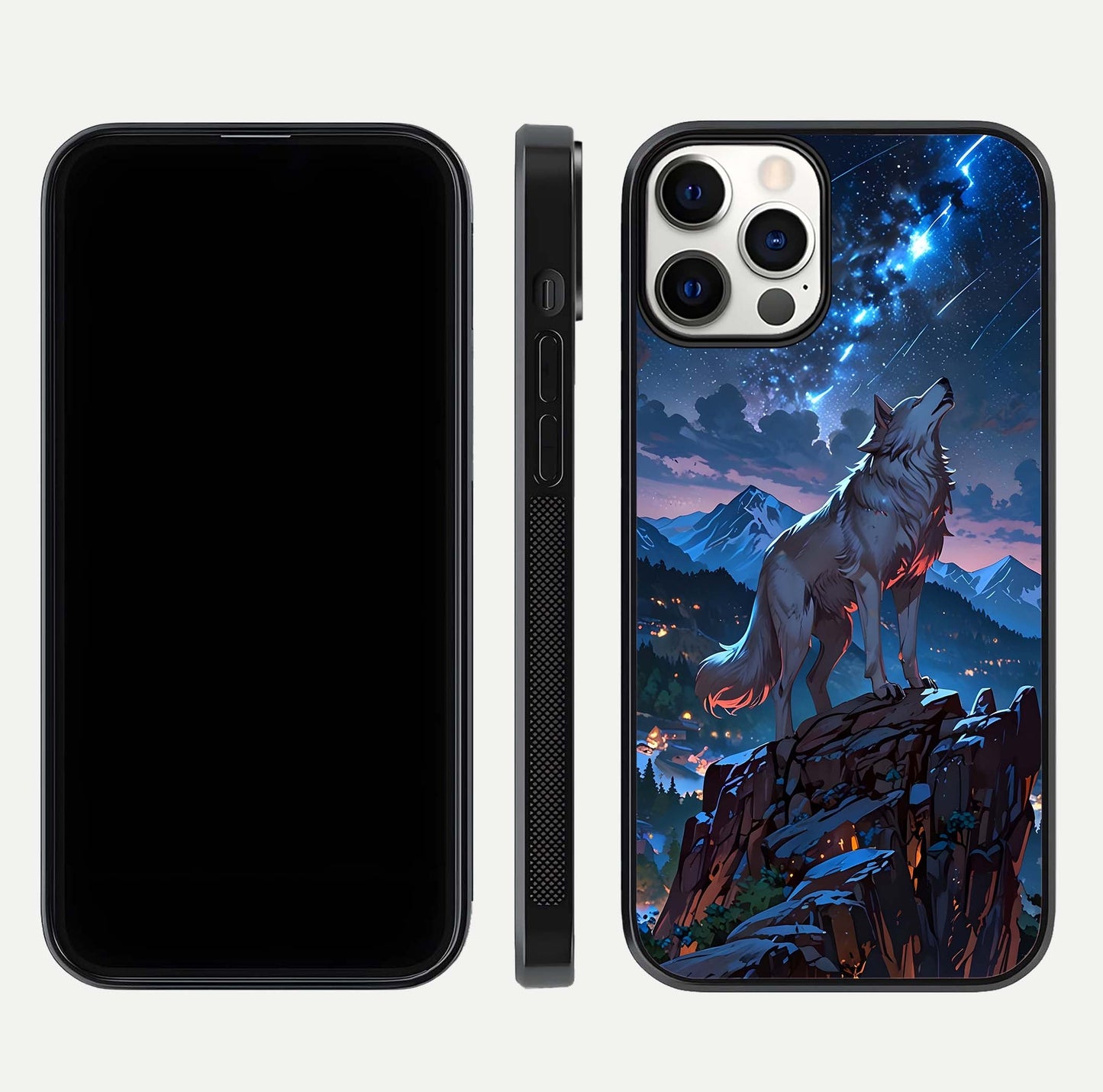 Celestial Wolf Howl Glass Case for iPhone 12 Pro dual-view layout displaying night tones and protective glass edges