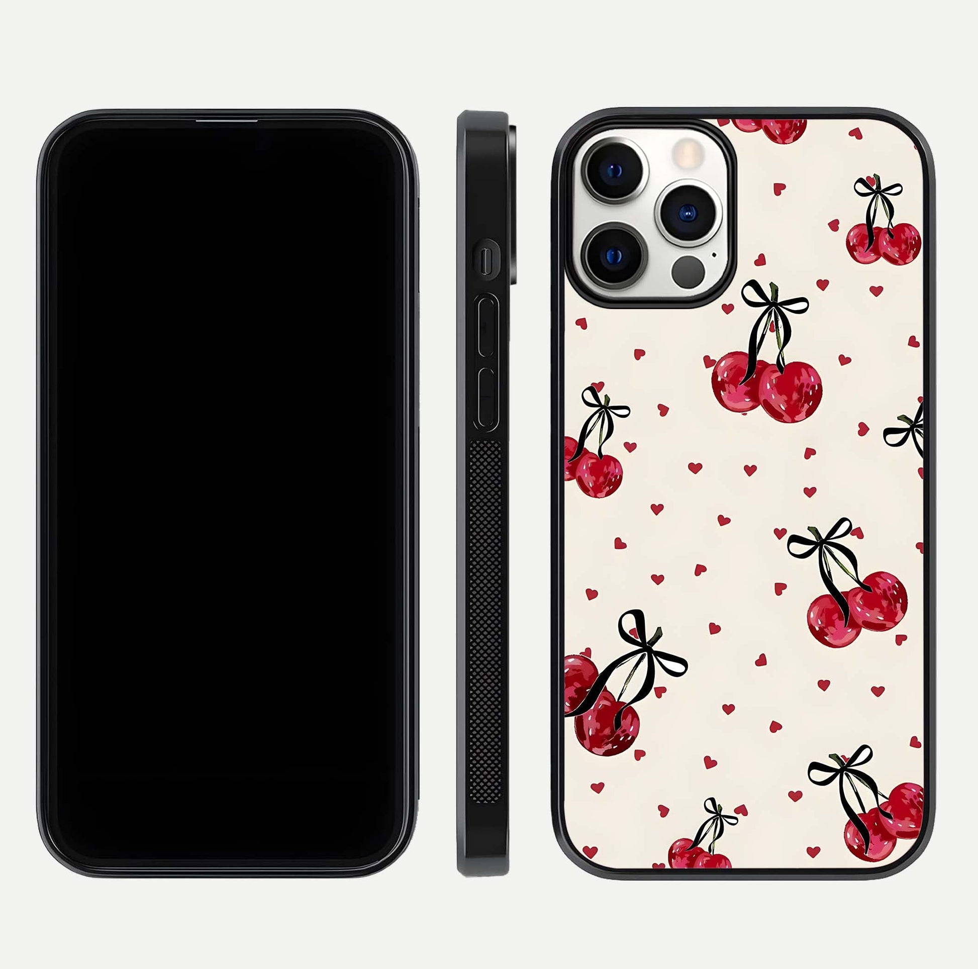 Cherry Heart Bow Glass Case for iPhone 12 Pro front-and-back view showing design clarity and edge protection
