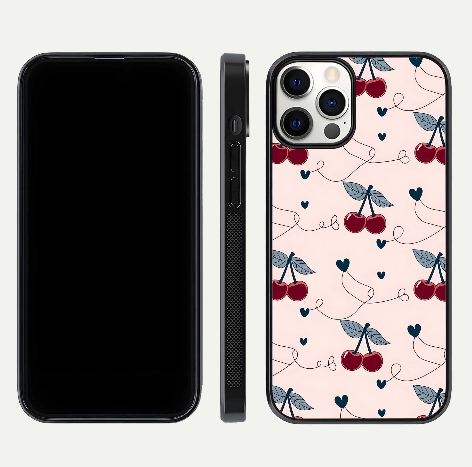 Cherry Heart Line Glass Case for iPhone 12 Mini dual-view layout displaying minimal cherry motif and edge design