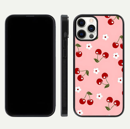 Cherry Love Mood Glass Case for iPhone 12 Pro dual-view layout showing design alignment and curved edges