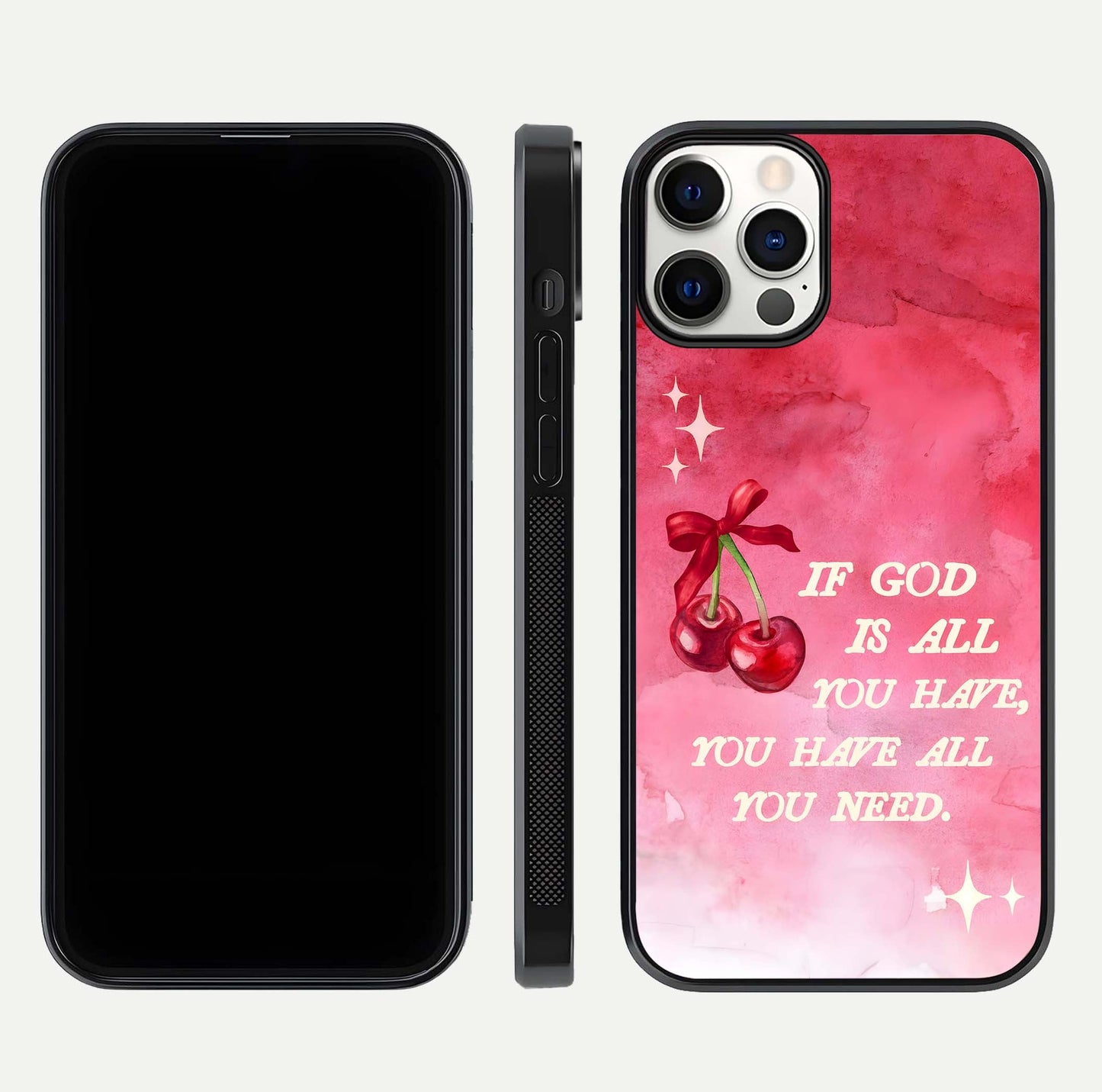Cherry Quote Glass Case for iPhone 12 Pro dual-view layout showing red cherry tones and text balance