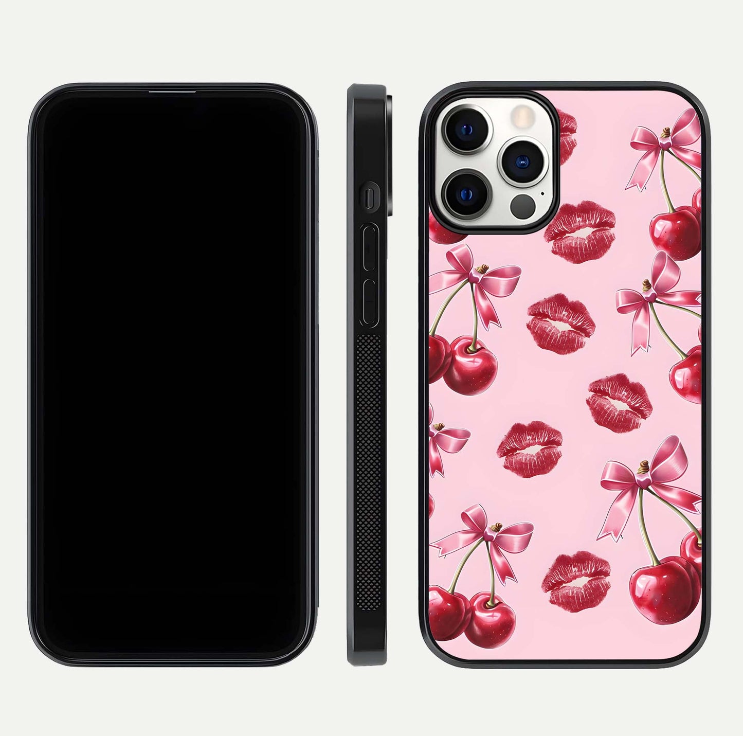 Cherry With Lips Glass Case for iPhone 12 Pro front-and-back layout displaying detailed design and glass finish