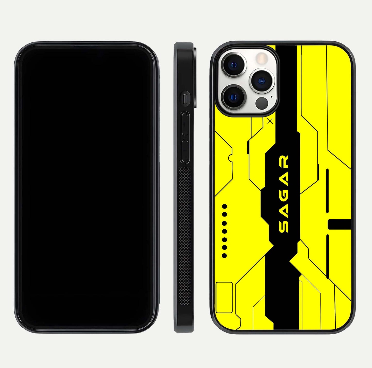 Circuit CYBERPUNK Custom Name Glass Case for iPhone 12 Pro dual-view layout showing bold tech art and edge clarity