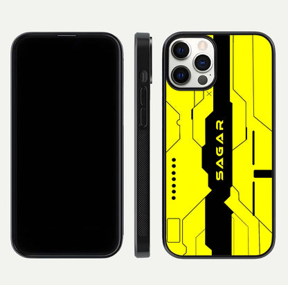 Circuit CYBERPUNK Custom Name Glass Case for iPhone 12 Pro dual-view layout showing bold tech art and edge clarity
