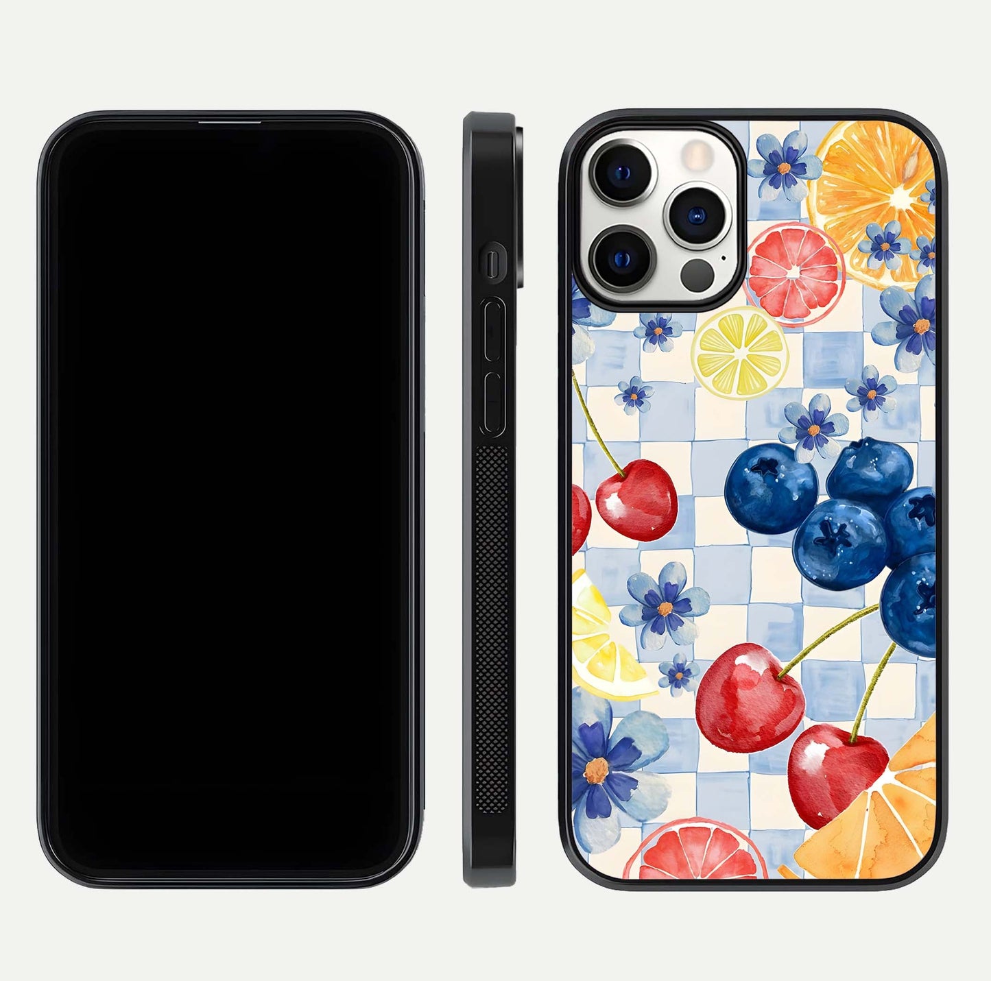 Citrus Bloom Joy Glass Case for iPhone 12 Pro dual-view layout displaying colorful print and smooth edges