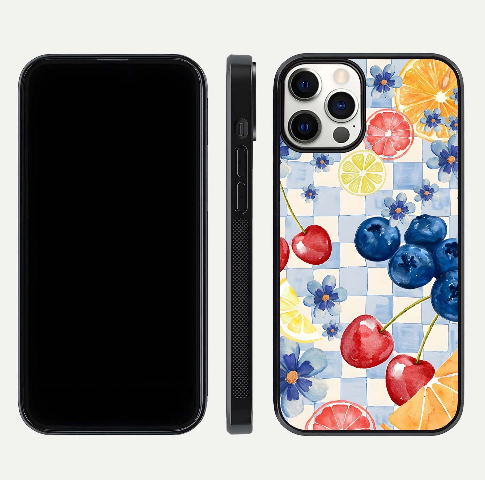 Citrus Bloom Joy Glass Case for iPhone 12 Pro dual-view layout displaying colorful print and smooth edges