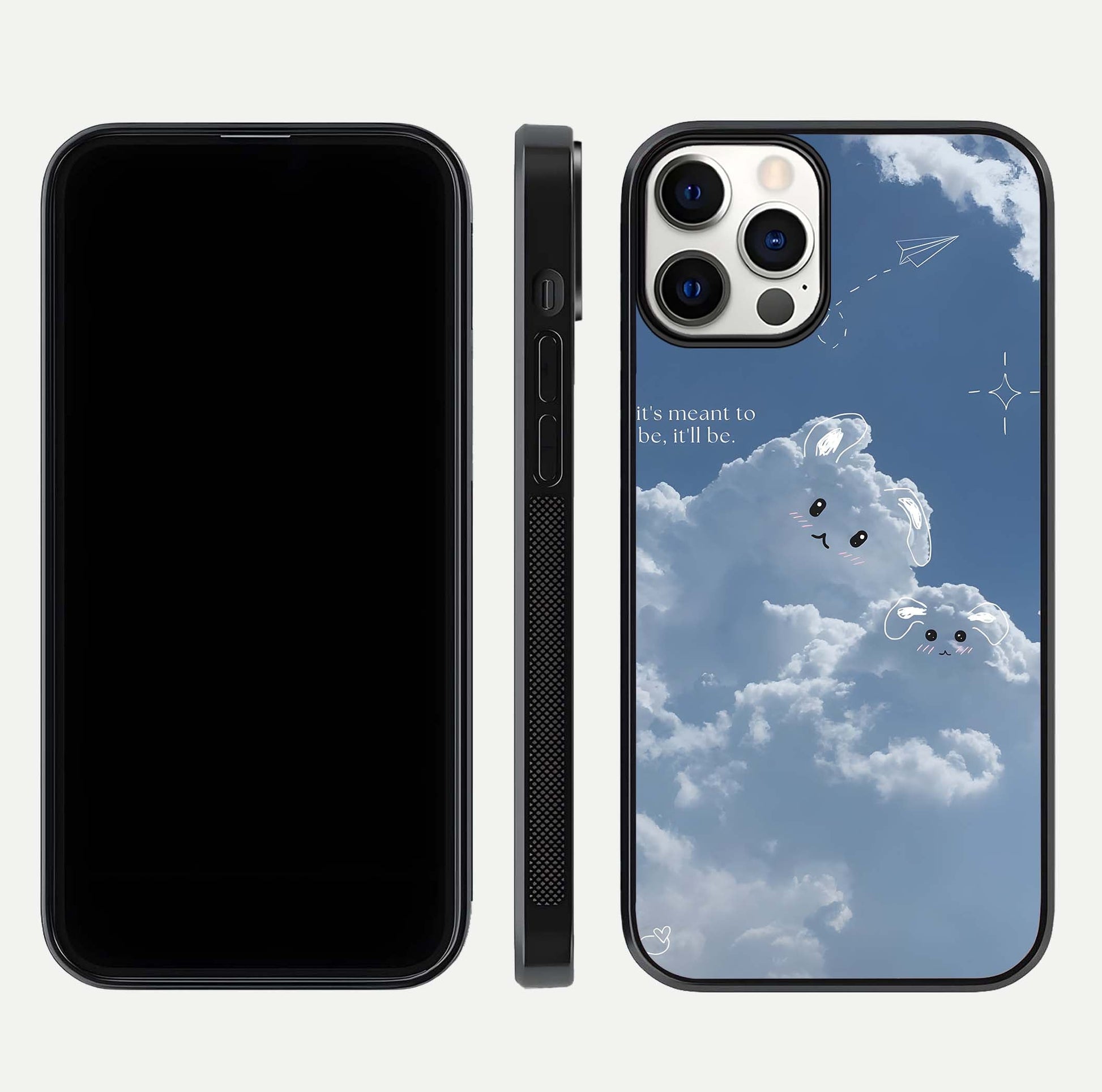 Cloud Bunny Dreams Glass Case for iPhone 12 Pro dual-view layout displaying aesthetic tones and smooth polish
