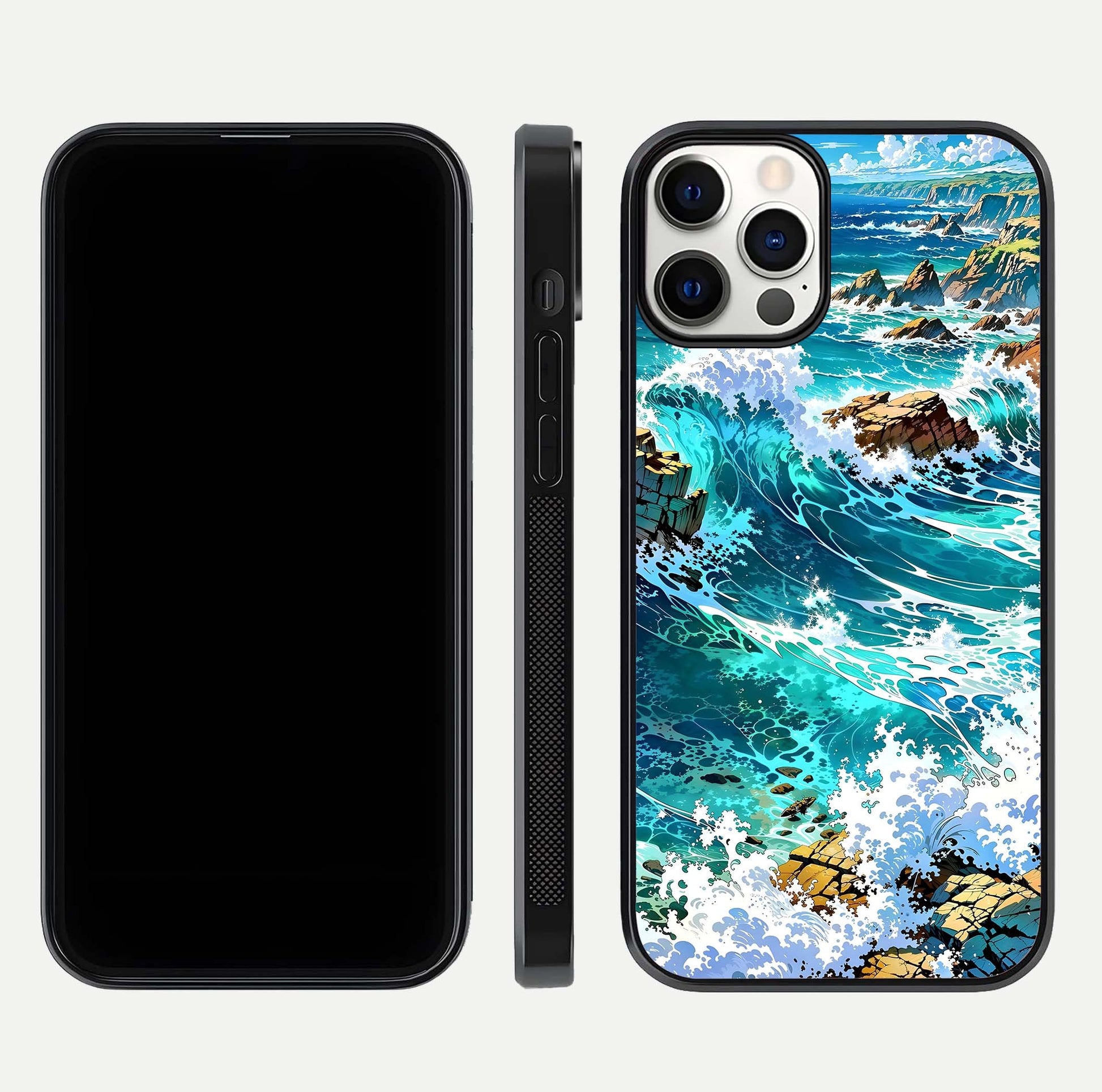 Coastal Blue Waves Glass Case for iPhone 12 Pro dual-view layout displaying sea tones and curved finish