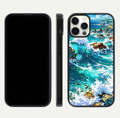 Coastal Blue Waves Glass Case for iPhone 12 Pro dual-view layout displaying sea tones and curved finish
