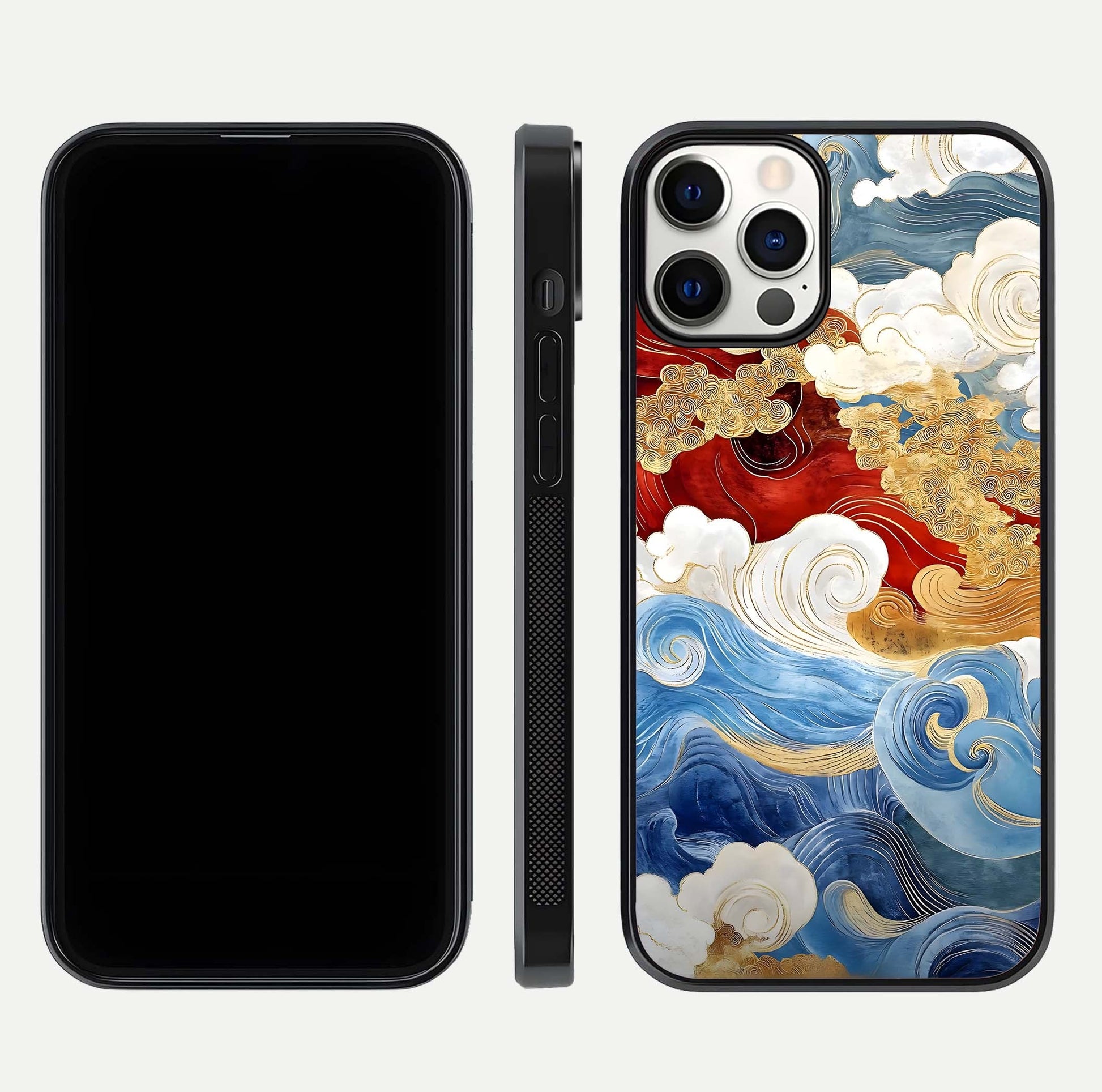 Colored Waves Glass Case for iPhone 12 Pro front & back layout showing smooth edges and vivid print tones