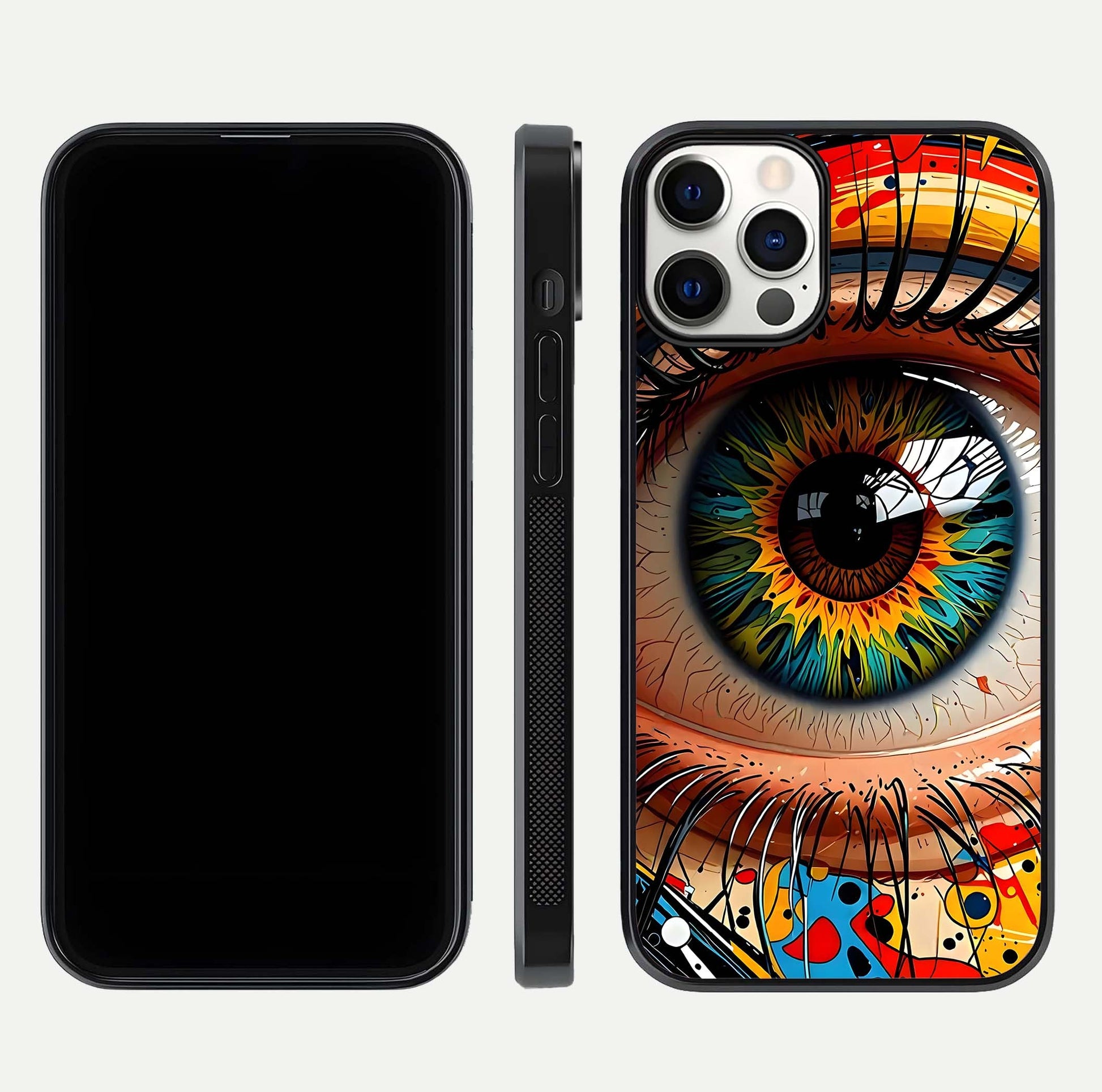 Colorful Eye Glass Case for iPhone 12 Pro dual-view layout displaying vivid tones and smooth glass edges