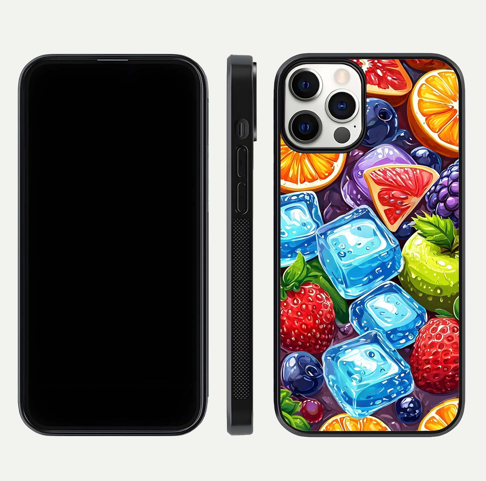 Colorful Fruits with Ice Glass Case for iPhone 12 Pro dual-view layout showing fresh tones and polished edges