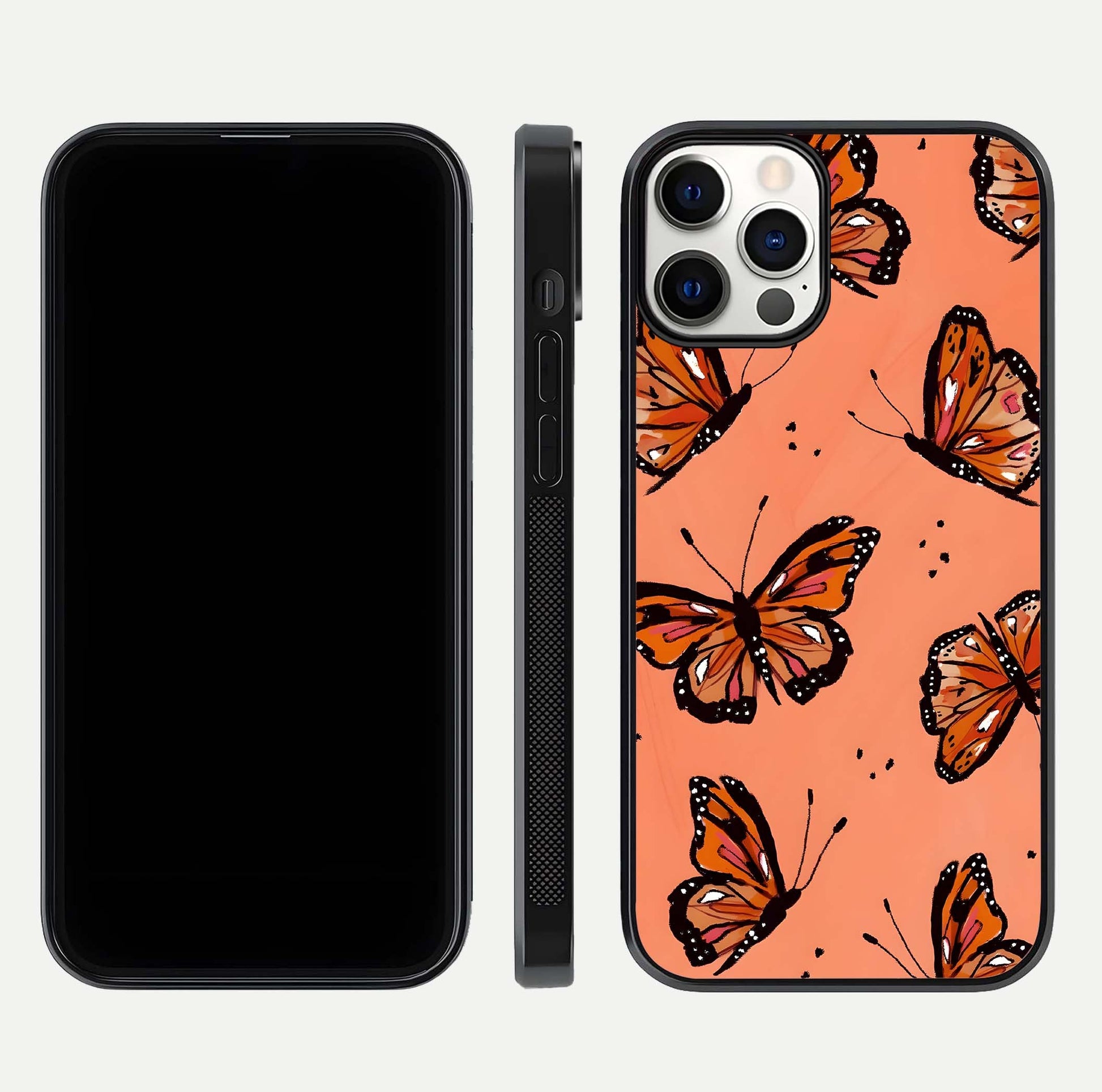 Coral Wing Butterfly Glass Case for iPhone 12 Pro dual-view layout displaying soft floral tones and curved edges