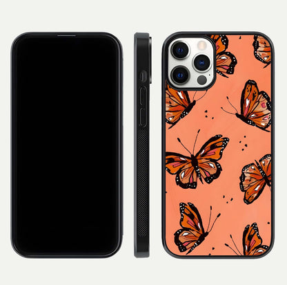 Coral Wing Butterfly Glass Case for iPhone 12 Pro dual-view layout displaying soft floral tones and curved edges