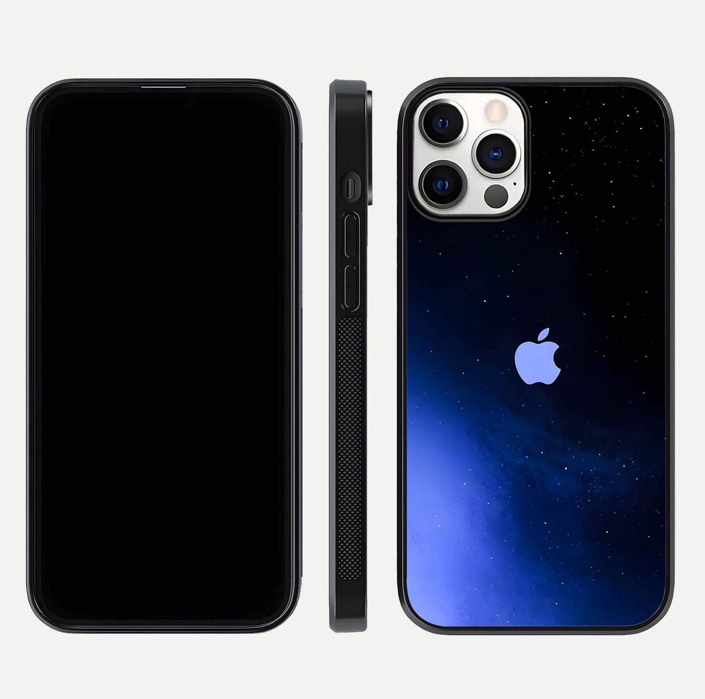 Cosmic Blue Apple Glass Case for iPhone 12 Pro dual-view layout displaying cosmic tones and glass edges