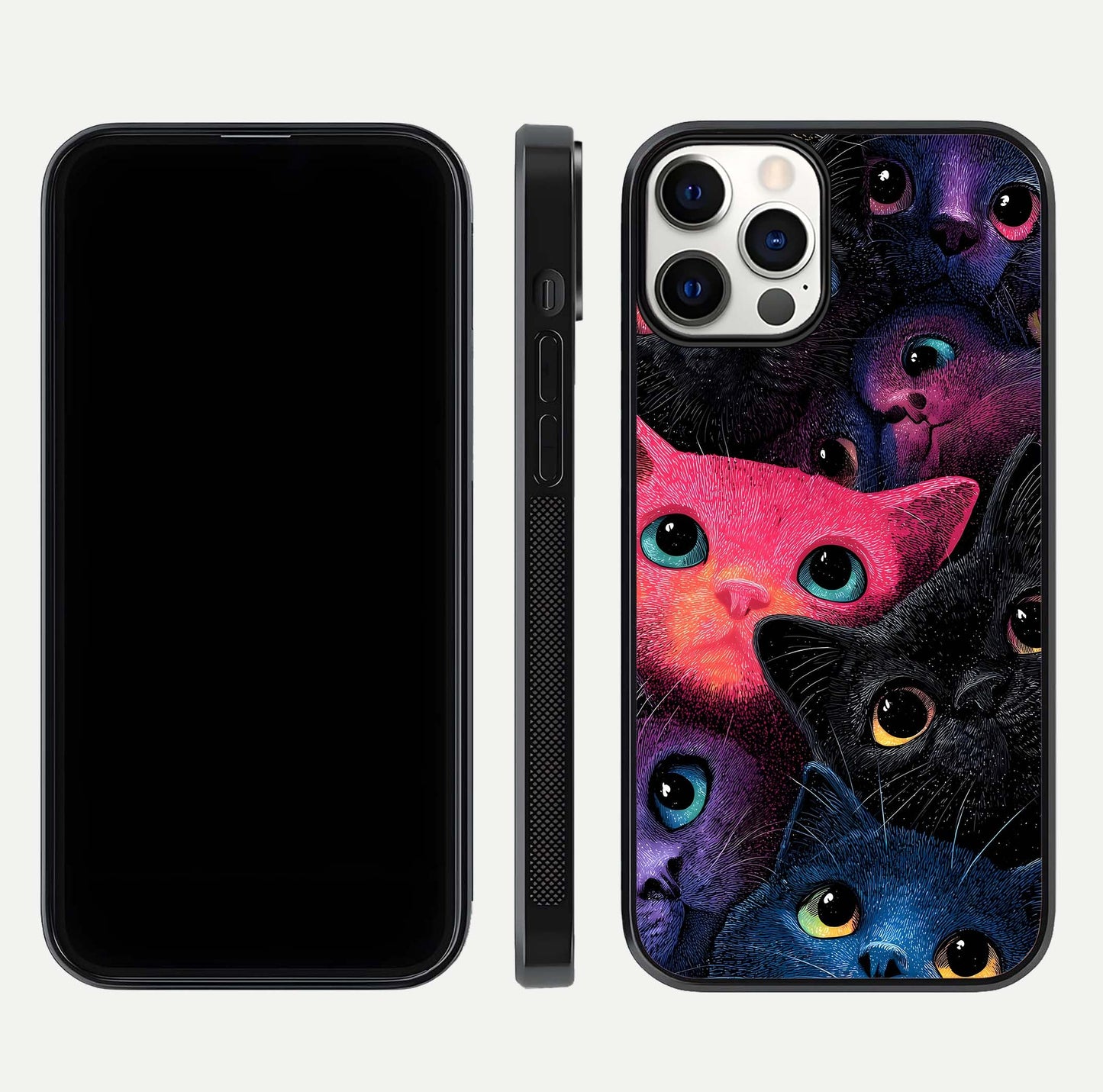 Cosmic Cats Dreams Glass Case for iPhone 12 Pro dual-view layout displaying HD print and glossy shine