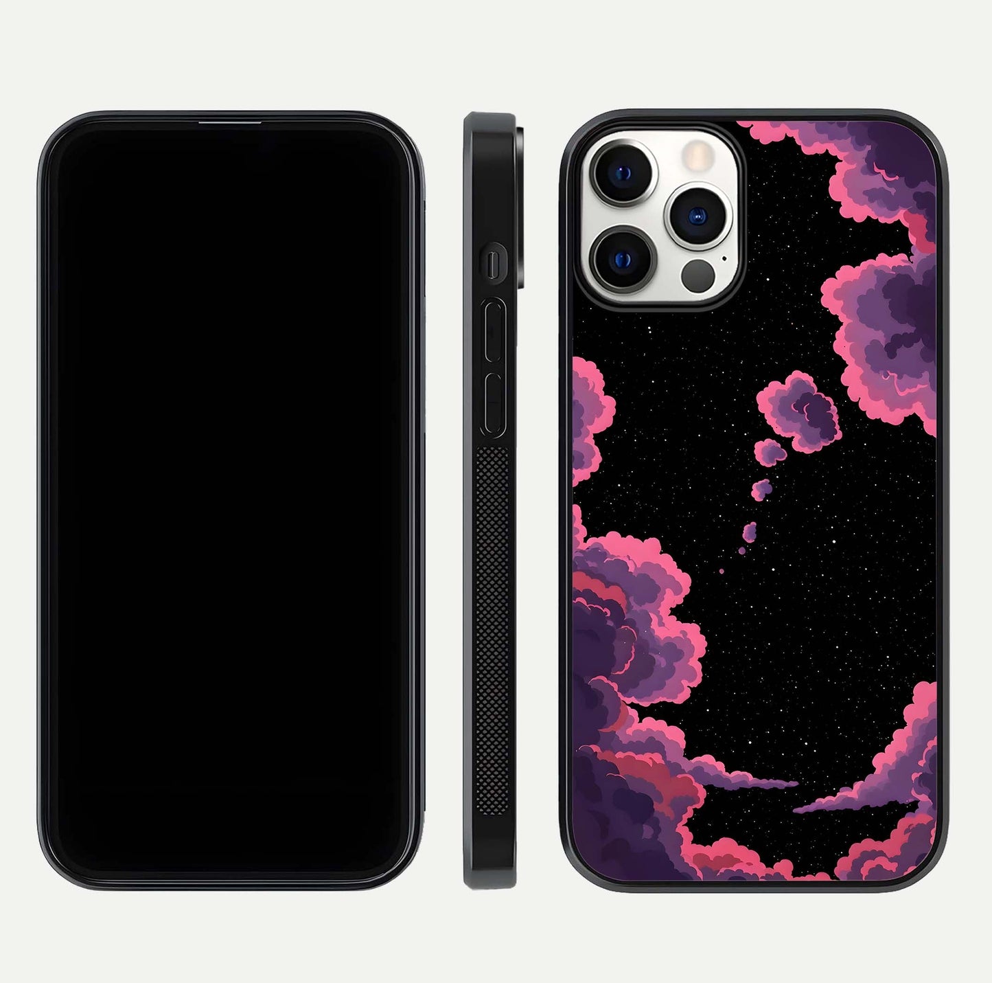 Cosmic Cloud Journey Glass Case for iPhone 12 Pro dual-view layout displaying celestial tones and edge clarity