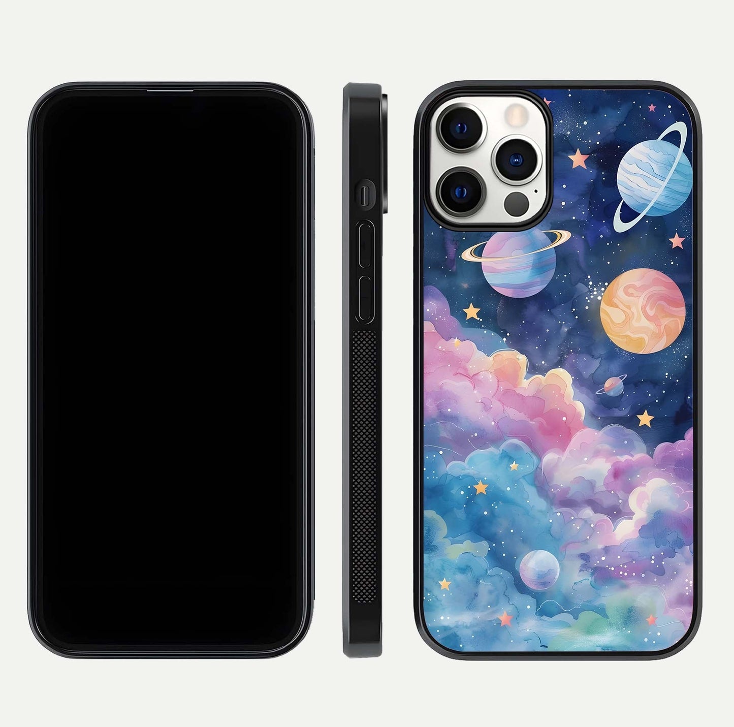 Cosmic Planet Dreams Glass Case for iPhone 12 Pro dual-view layout displaying galaxy colors and curved finish