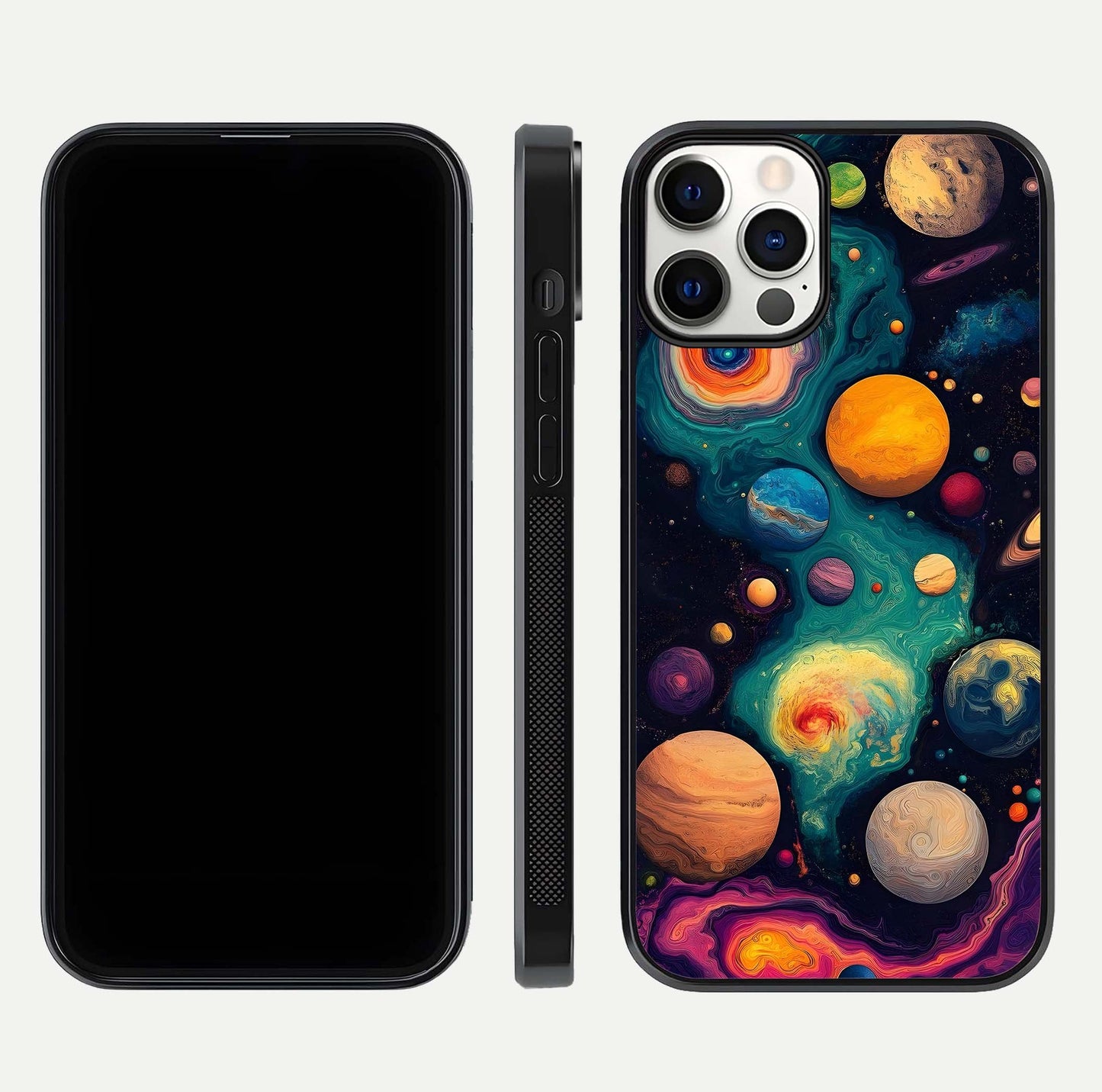 Cosmic Planet Journey Glass Case for iPhone 12 Pro dual-view layout displaying colorful cosmic balance