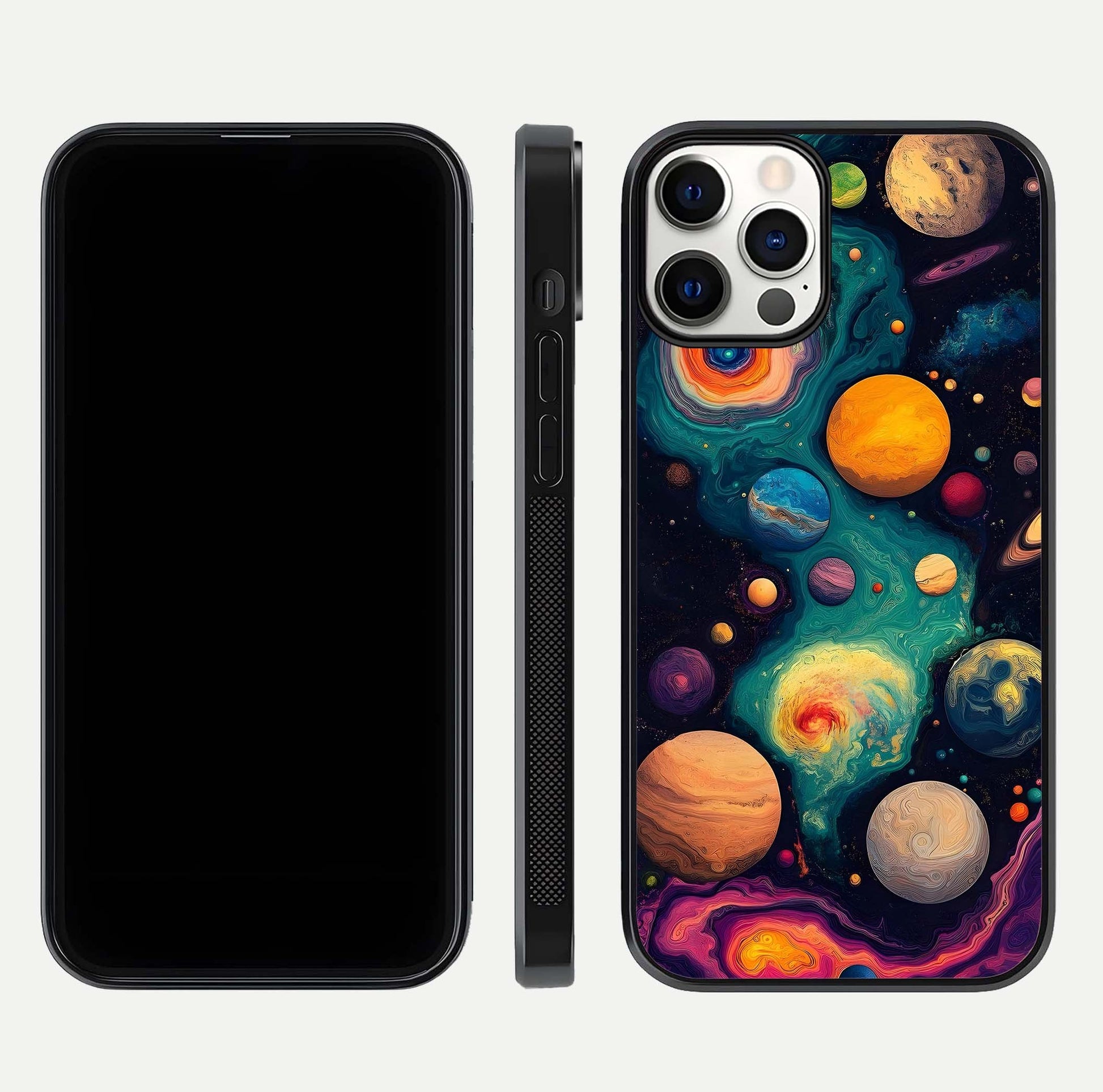 Cosmic Planet Journey Glass Case for iPhone 12 Pro dual-view layout displaying colorful cosmic balance