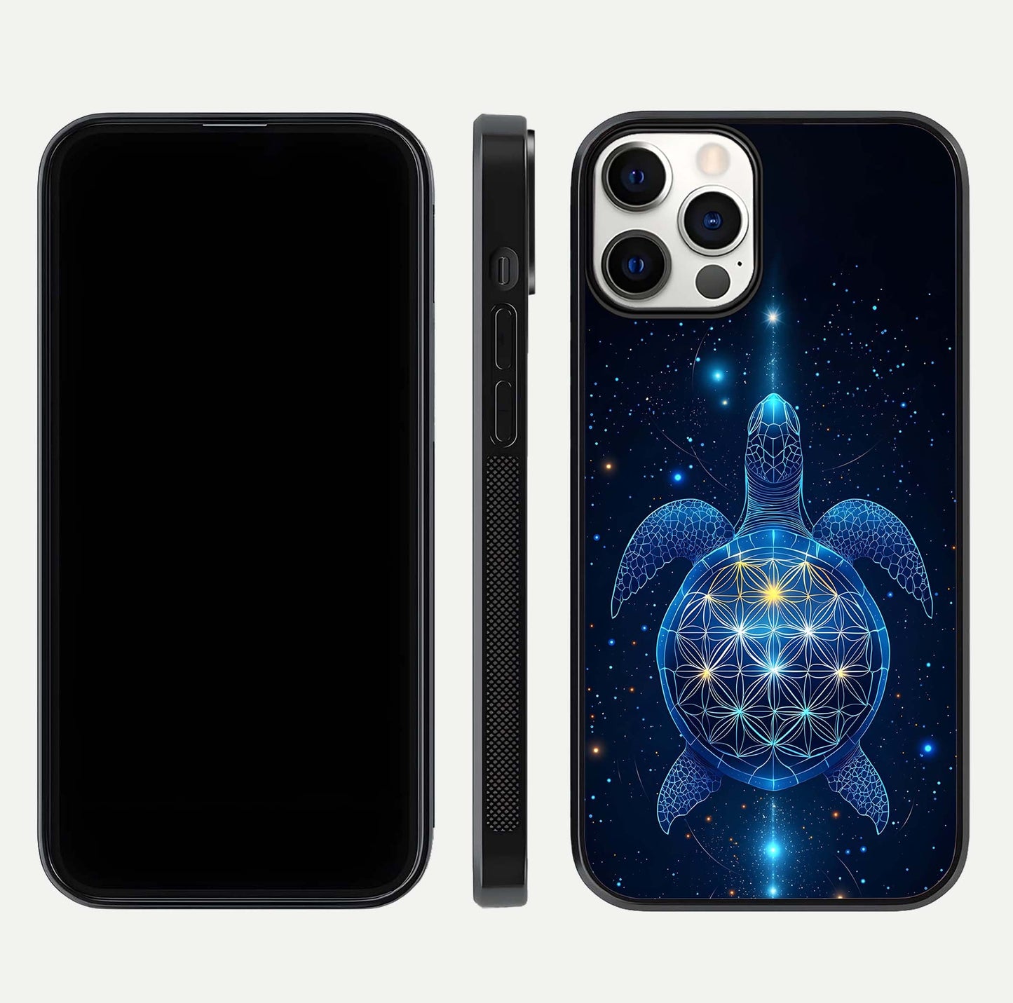 Crimson Blue Turtle Glass Case for iPhone 12 Pro dual-view layout displaying ocean tones and HD finish