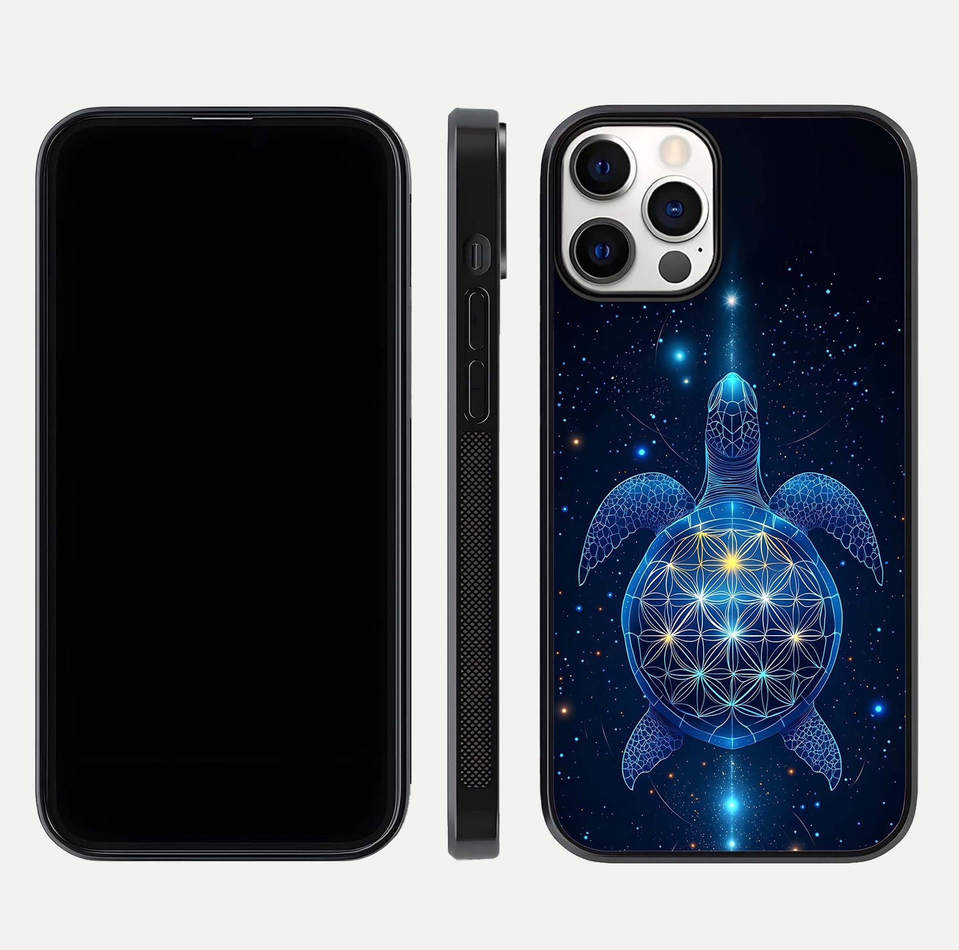 Crimson Blue Turtle Glass Case for iPhone 12 Pro dual-view layout displaying ocean tones and HD finish