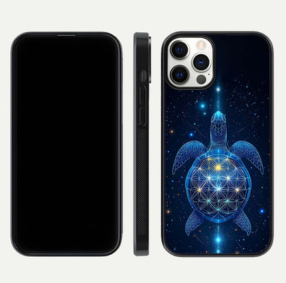 Crimson Blue Turtle Glass Case for iPhone 12 Pro dual-view layout displaying ocean tones and HD finish