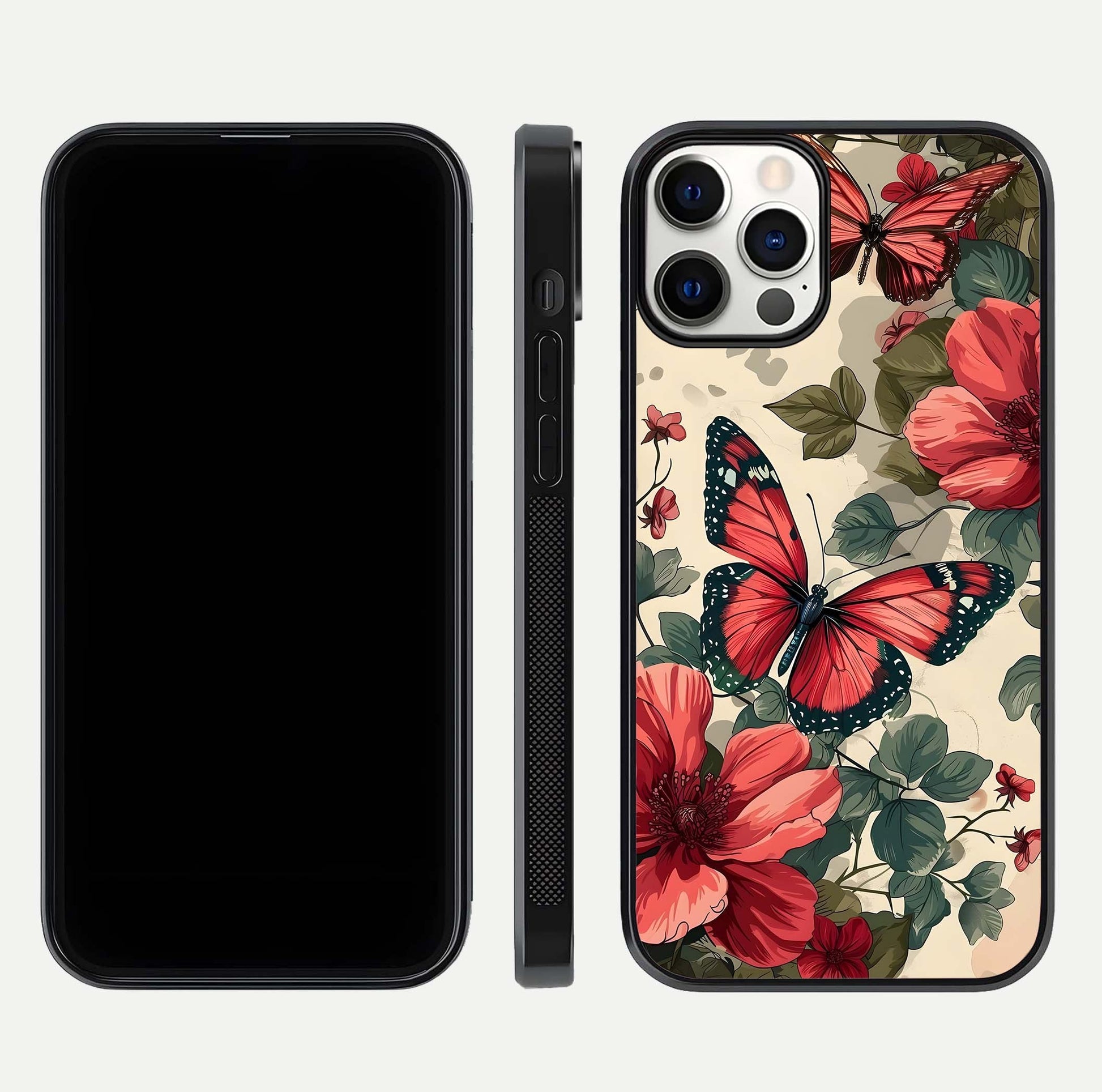 Crimson Butterfly Garden Glass Case for iPhone 12 Pro dual-view layout displaying floral patterns and edge finish
