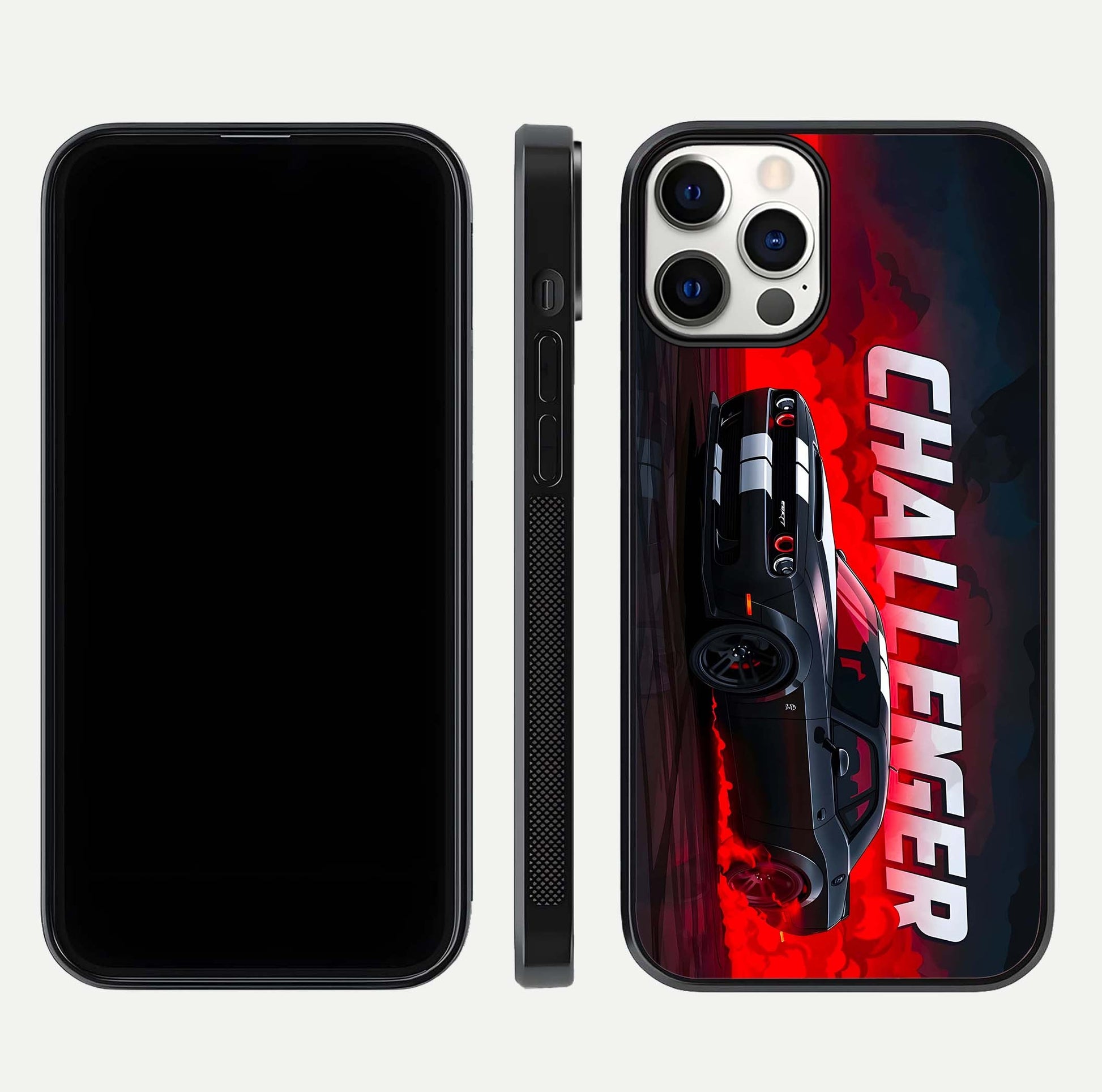 Crimson Challenger Fury Glass Case for iPhone 12 Pro dual-view layout displaying bold tones and edge polish