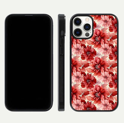Crimson Love Petals Glass Case for iPhone 12 Pro dual-view layout displaying floral charm and curved glass