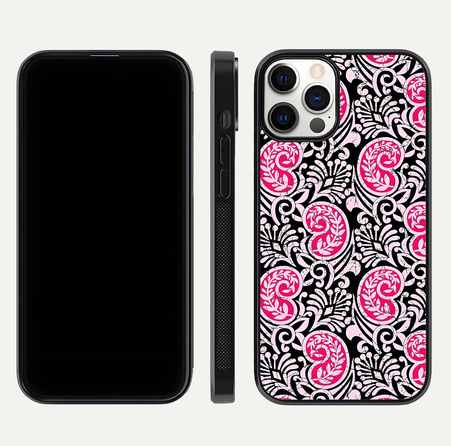 Crimson Paisley Charm Glass Case for iPhone 12 Pro dual-view layout displaying HD print and curved polish