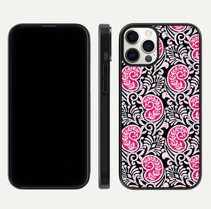 Crimson Paisley Charm Glass Case for iPhone 12 Pro dual-view layout displaying HD print and curved polish