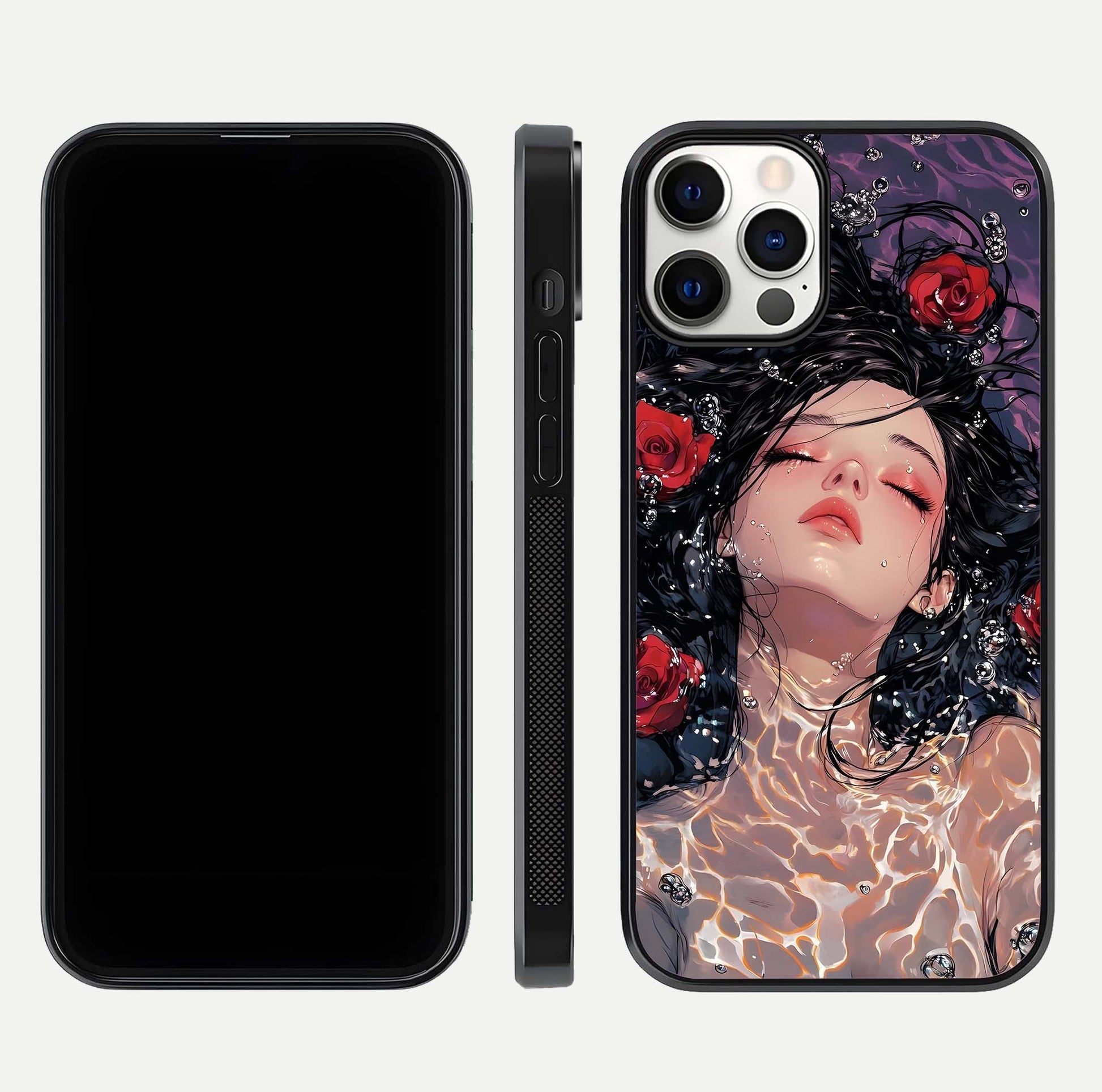 Crimson Rose Serenity Glass Case for iPhone 12 Pro dual-view layout displaying serenity tones and curved glass