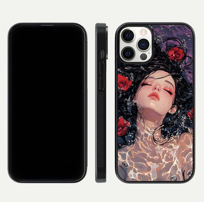 Crimson Rose Serenity Glass Case for iPhone 12 Pro dual-view layout displaying serenity tones and curved glass