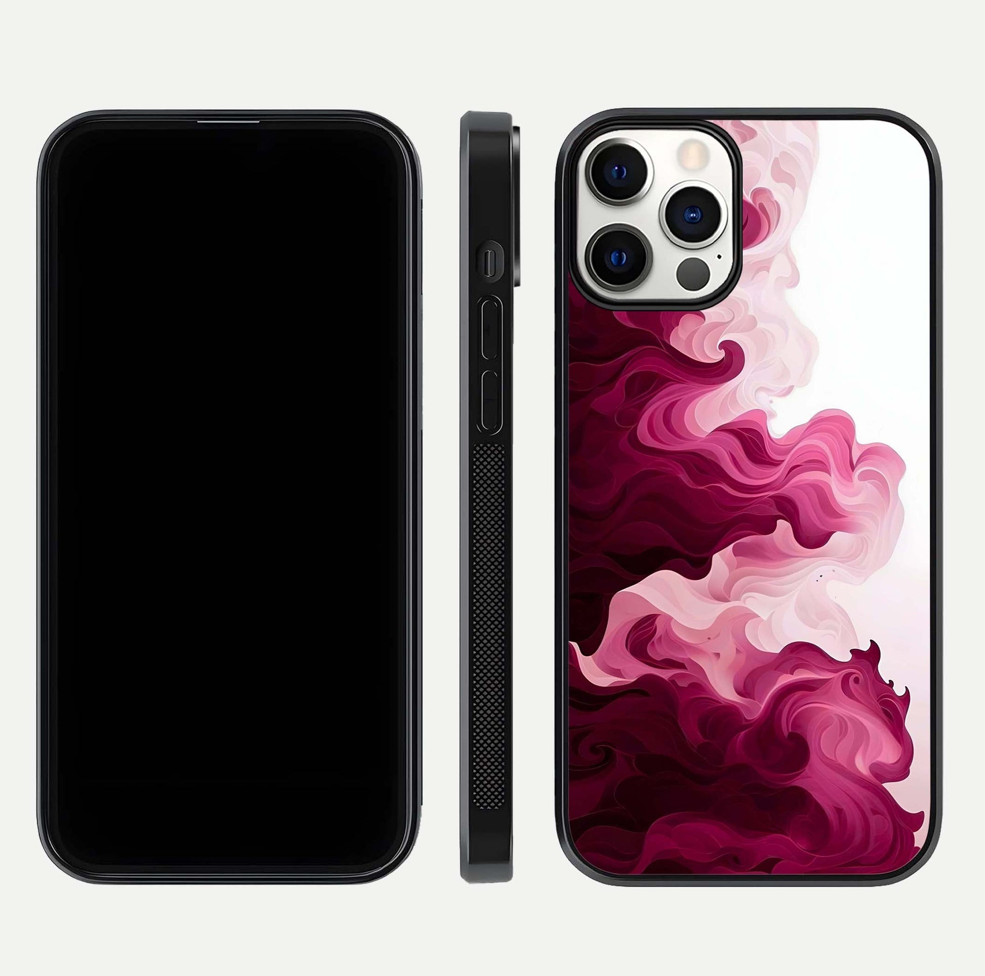 Crimson Wave Flow Glass Case for iPhone 12 Pro dual-view layout displaying curved wave art and polished surface