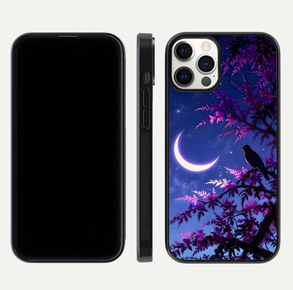 Crow & Moon Scenery Glass Case for iPhone 12 Pro dual-view layout displaying night sky art and curved glass edges