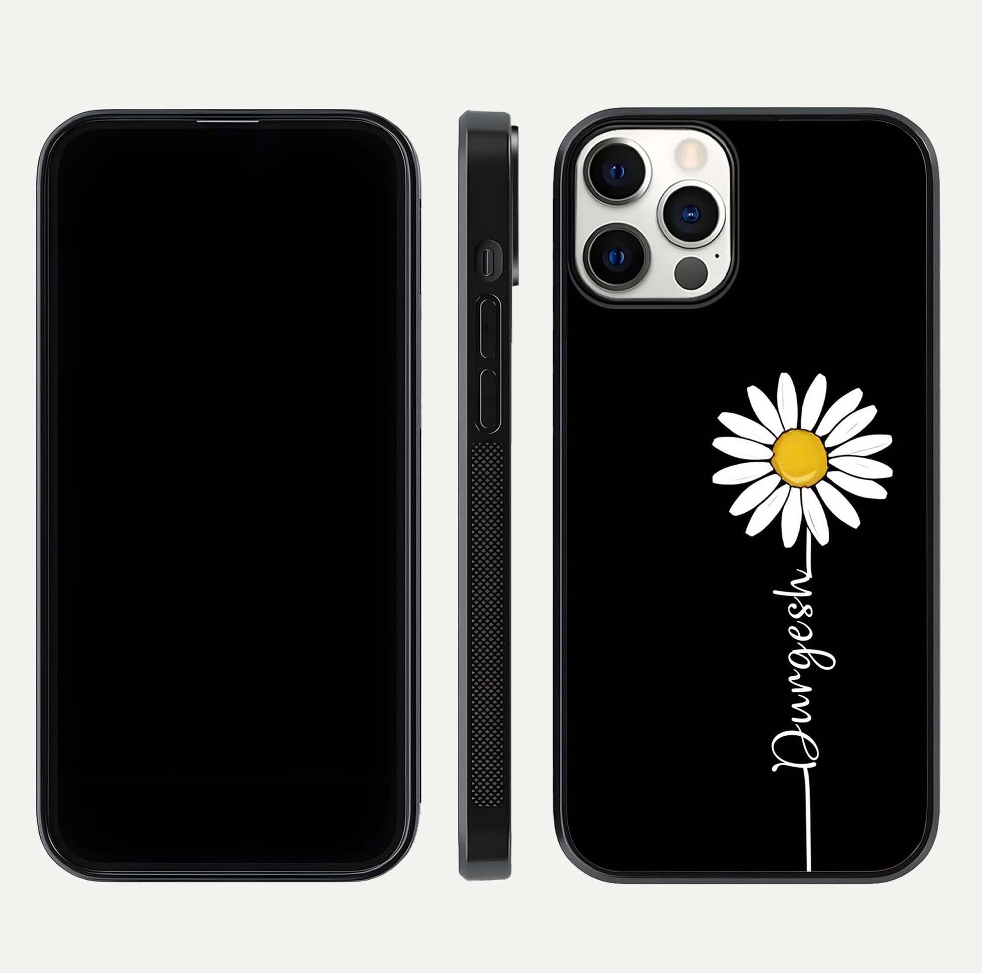 Custom Name White Flower Glass Case for iPhone 12 Pro dual-view layout showing elegant floral tone and curved edge finish