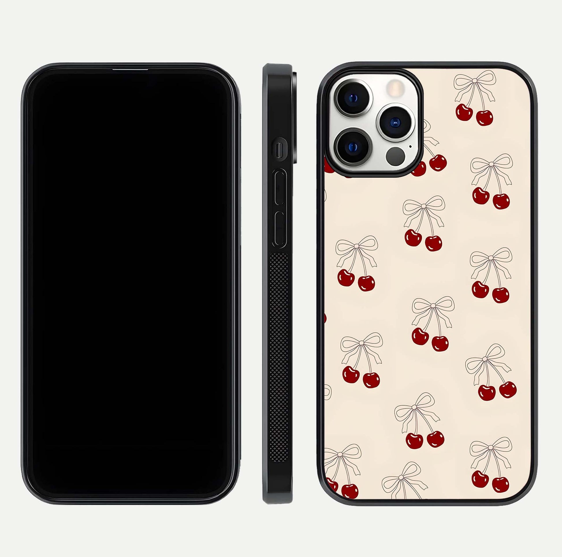 Cute Cherry Pattern Glass Case for iPhone 12 Pro dual-view layout displaying aesthetic fruit print and smooth edges