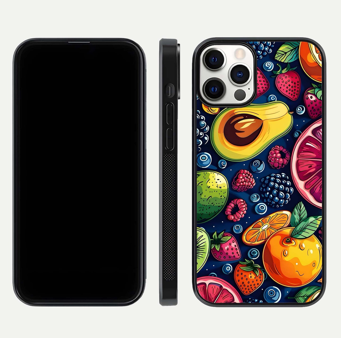 Cute Fruits Art Glass Case for iPhone 12 Pro dual-view layout displaying playful tones and curved design