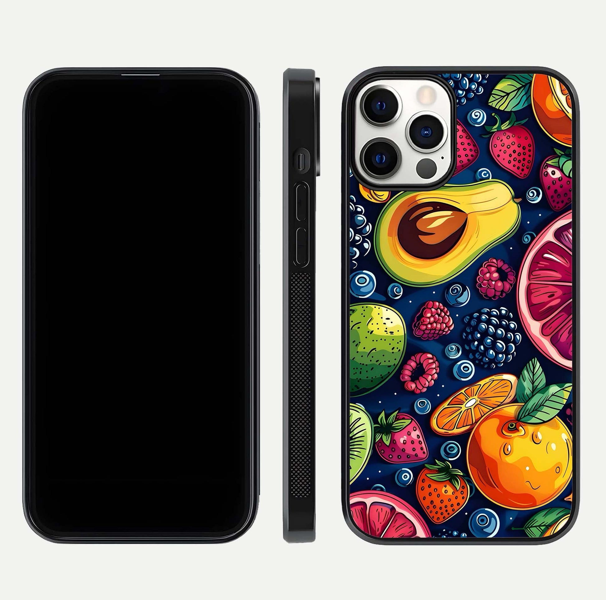 Cute Fruits Art Glass Case for iPhone 12 Pro dual-view layout displaying playful tones and curved design