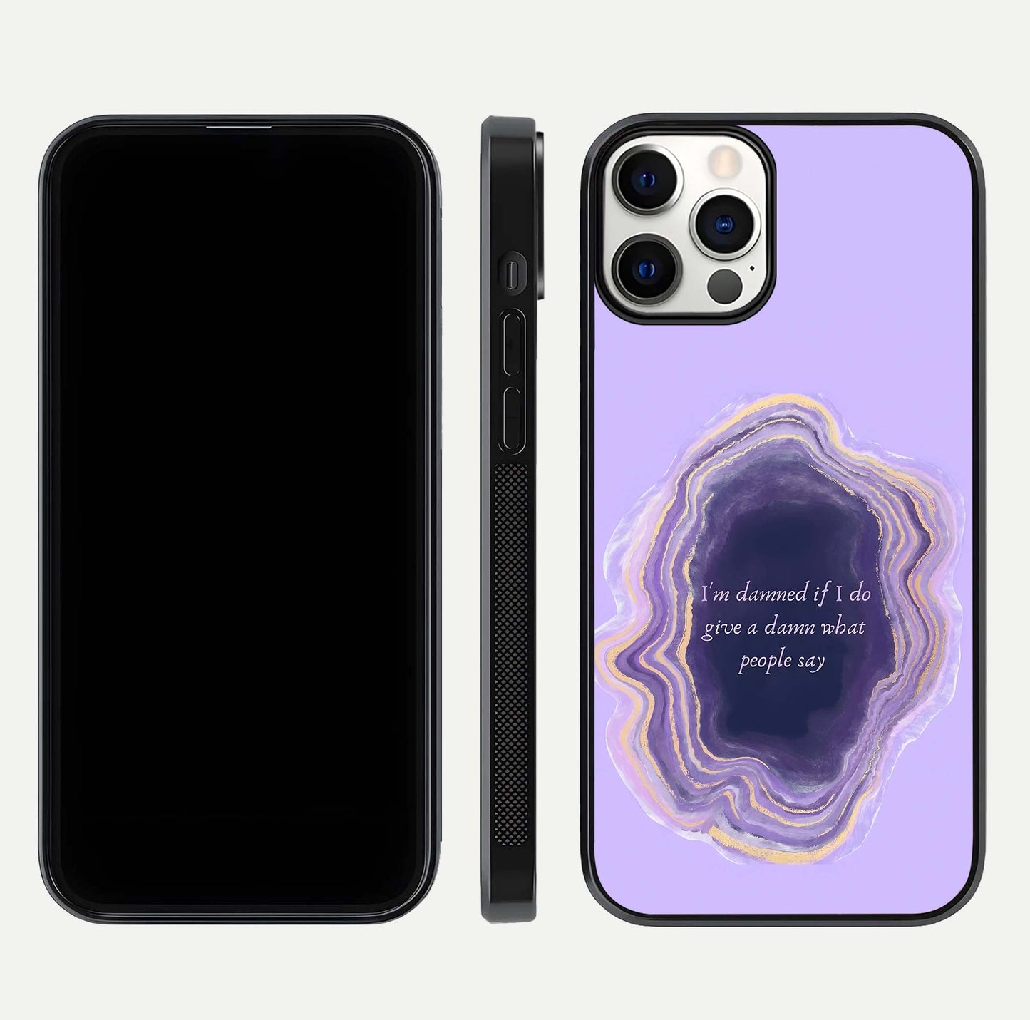 Damned People Quote Glass Case for iPhone 12 Pro dual-view layout displaying modern print and glass clarity