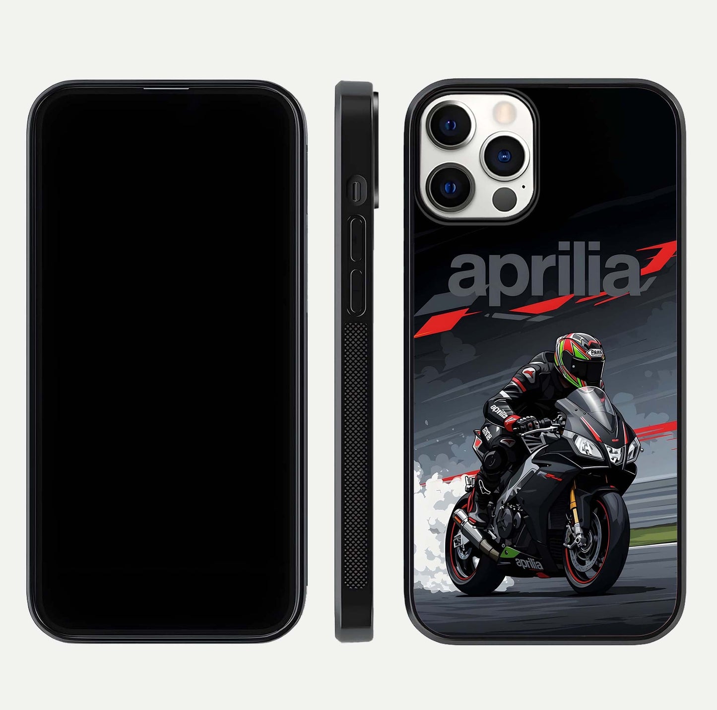 Dark Aprilla Glass Case for iPhone 12 Pro dual-view layout displaying sleek racing look and HD shine