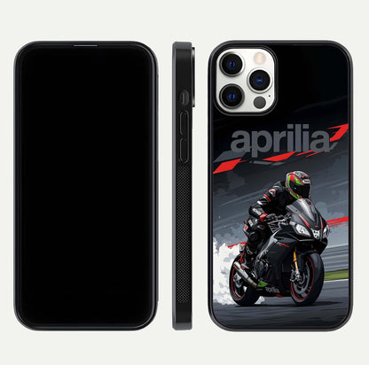 Dark Aprilla Glass Case for iPhone 12 Pro dual-view layout displaying sleek racing look and HD shine