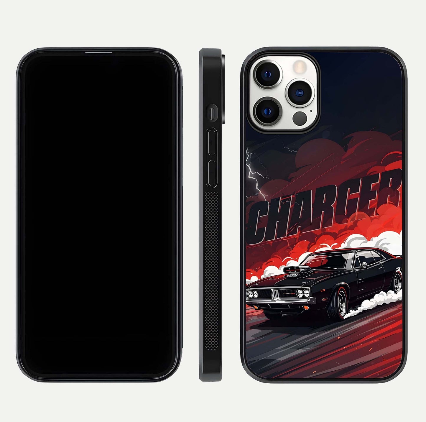 Dark Charger Fury Glass Case for iPhone 12 Pro dual-view layout displaying HD design and polished edges