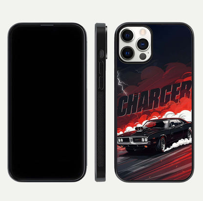 Dark Charger Fury Glass Case for iPhone 12 Pro dual-view layout displaying HD design and polished edges
