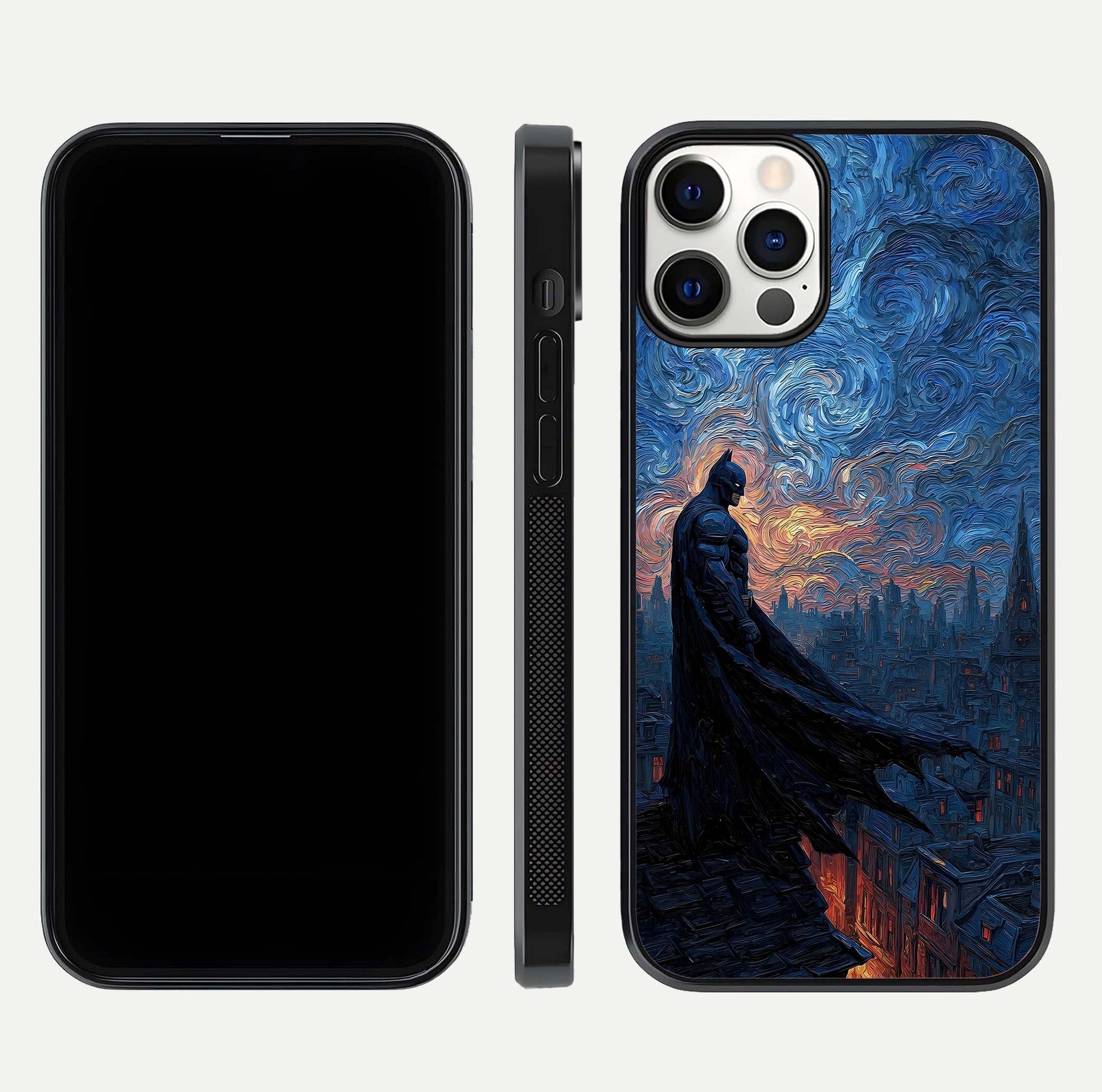 Dark Knight Dusk Glass Case for iPhone 12 Pro dual-view layout displaying HD hero print and curved glass edges