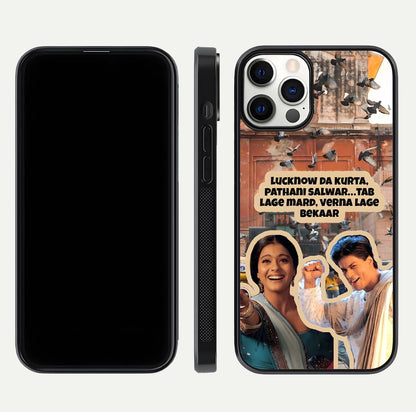 Desi Retro Vibes Glass Case for iPhone 12 Pro dual-view layout showing nostalgic design and smooth glass curve